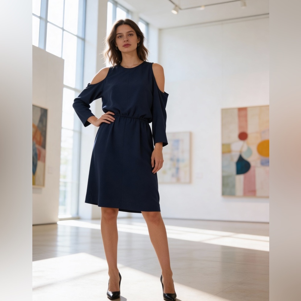 NWT Tibi Navy Cold Shoulder Long Sleeve Midi Dress Work to Cocktail Size 10